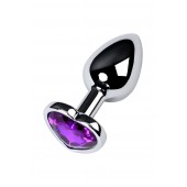 Серебристая коническая анальная пробка с фиолетовым кристаллом-сердечком - 7 см. - ToyFa - купить с доставкой в Оренбурге