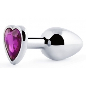 Серебристая анальная пробка с фиолетовым кристаллом-сердечком - 8 см. - Anal Jewelry Plug - купить с доставкой в Оренбурге