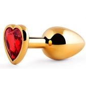 Золотистая анальная пробка с красным стразом-сердечком - 8 см. - Anal Jewelry Plug - купить с доставкой в Оренбурге