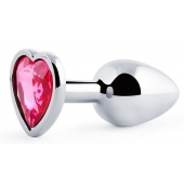 Серебристая анальная пробка с розовым кристаллом-сердечком - 7 см. - Anal Jewelry Plug - купить с доставкой в Оренбурге