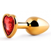Золотистая анальная пробка с красным стразом-сердечком - 7 см. - Anal Jewelry Plug - купить с доставкой в Оренбурге