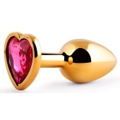 Золотистая анальная пробка с малиновым кристаллом-сердечком - 7 см. - Anal Jewelry Plug - купить с доставкой в Оренбурге