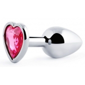 Серебристая анальная пробка с малиновым кристаллом-сердечком - 7 см. - Anal Jewelry Plug - купить с доставкой в Оренбурге