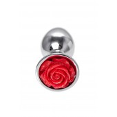 Серебристая анальная втулка с красной розочкой - 8 см. - ToyFa