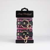 Черные кожаные наручники с розовой строчкой - Crazy Handmade - купить с доставкой в Оренбурге