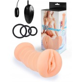 Телесный двусторонний мастурбатор с вибропулей и эрекционными кольцами в комплекте - Sexy Girl - в Оренбурге купить с доставкой