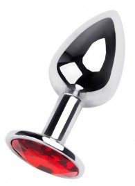 Маленькая коническая серебристая анальная пробка с красным кристаллом - 7 см. - ToyFa - купить с доставкой в Оренбурге