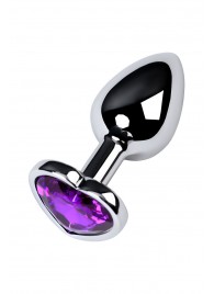 Серебристая коническая анальная пробка с фиолетовым кристаллом-сердечком - 7 см. - ToyFa - купить с доставкой в Оренбурге