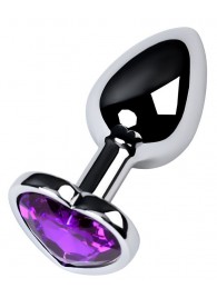Серебристая коническая анальная пробка с фиолетовым кристаллом-сердечком - 7 см. - ToyFa - купить с доставкой в Оренбурге
