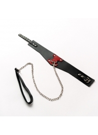 Черный широкий ошейник с красным декором и поводком - Crazy Handmade - купить с доставкой в Оренбурге