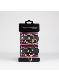 Черные кожаные наручники с розовой строчкой - Crazy Handmade - купить с доставкой в Оренбурге