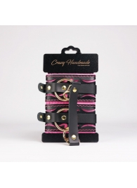 Черные кожаные оковы с розовой строчкой - Crazy Handmade - купить с доставкой в Оренбурге