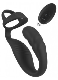 Черное эрекционное кольцо со стимуляцией промежности и анальной пробкой Cock Ring with RC Prostate Plug - Orion - в Оренбурге купить с доставкой