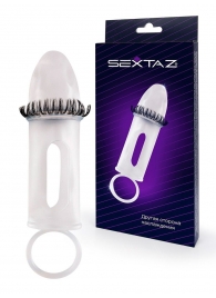 Закрытая насадка на пенис с подхватом мошонки и стимулирующими «ресничками» - Sextaz - в Оренбурге купить с доставкой