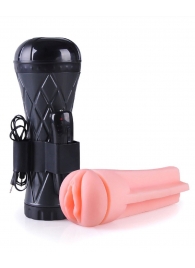 Телесный мастурбатор-вагина в черной колбе с вибрацией - Boys of Toys - в Оренбурге купить с доставкой