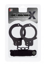 Чёрные наручники из листового металла в комплекте с веревкой BONDX METAL CUFFS LOVE ROPE SET - Dream Toys - купить с доставкой в Оренбурге