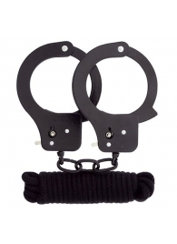 Чёрные наручники из листового металла в комплекте с веревкой BONDX METAL CUFFS LOVE ROPE SET - Dream Toys - купить с доставкой в Оренбурге