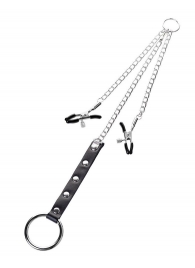 Серебристо-чёрные зажимы для сосков с кольцом для пениса TOYFA Metal - ToyFa - купить с доставкой в Оренбурге