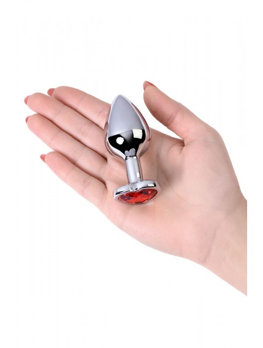 Серебристая коническая анальная пробка с красным кристаллом-сердечком - 7 см. - ToyFa - купить с доставкой в Оренбурге