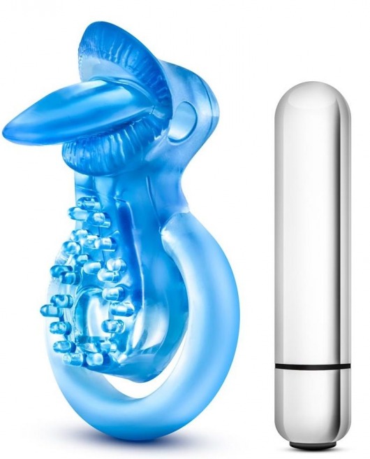 Голубое эрекционное виброкольцо 10 Function Vibrating Tongue Ring - Blush Novelties - в Оренбурге купить с доставкой