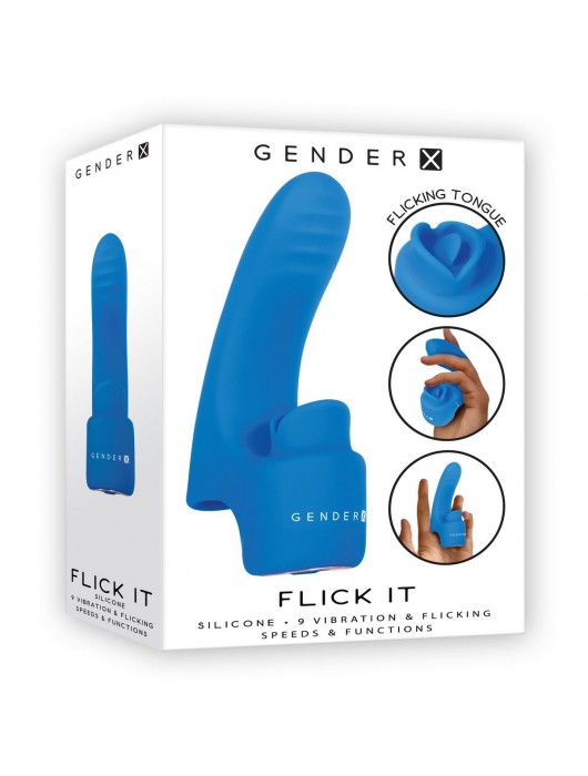 Синяя вибронасадка на палец с подвижным язычком Flick It - Gender X