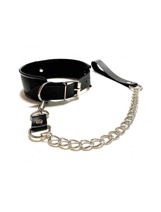 Черный ошейник с поводком из эко-кожи - БДСМ Арсенал - купить с доставкой в Оренбурге