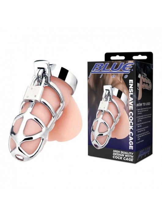 Серебристая металлическая клетка для члена с замком Enslave Cock Cage - BlueLine - купить с доставкой в Оренбурге