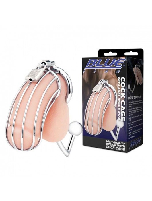 Серебристая металлическая клетка с анальным стимулятором Cock Cage - BlueLine - купить с доставкой в Оренбурге