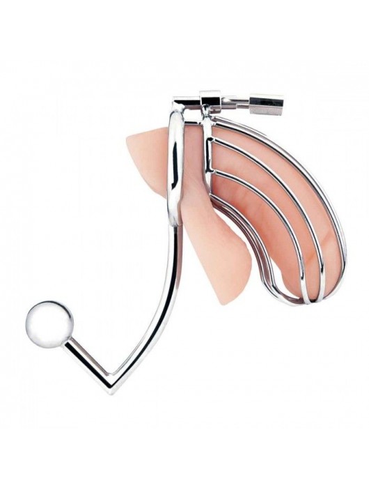 Серебристая металлическая клетка с анальным стимулятором Cock Cage - BlueLine - купить с доставкой в Оренбурге