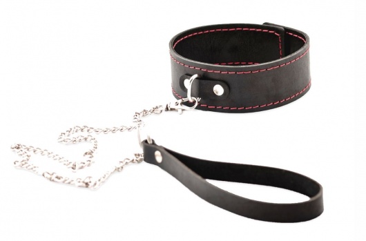 Черный широкий ошейник с красной строчкой и поводком - Crazy Handmade - купить с доставкой в Оренбурге