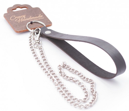 Серебристый металлический поводок с кожаной черной ручкой - 80 см. - Crazy Handmade - купить с доставкой в Оренбурге