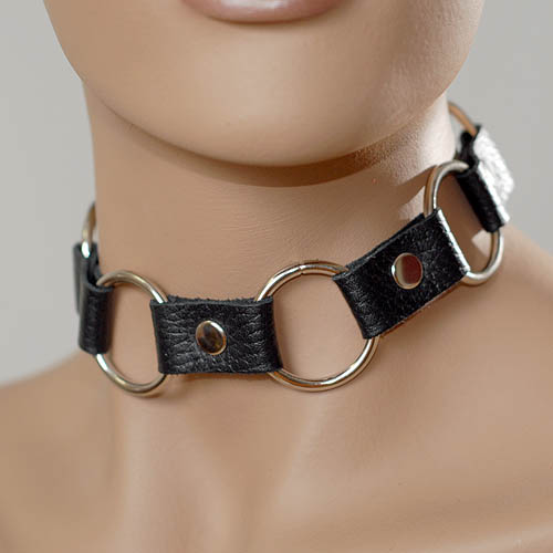 Кожаный черный ошейник с кольцами - Sitabella - купить с доставкой в Оренбурге