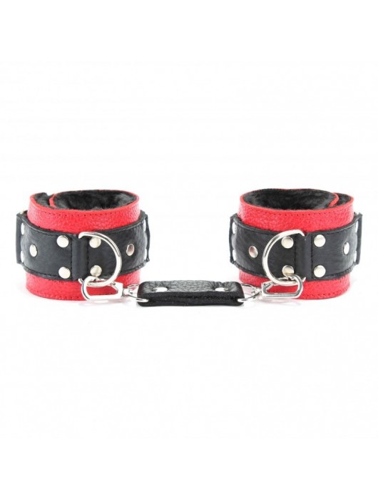 Красно-чёрные кожаные наручники с меховым подкладом - БДСМ Арсенал - купить с доставкой в Оренбурге