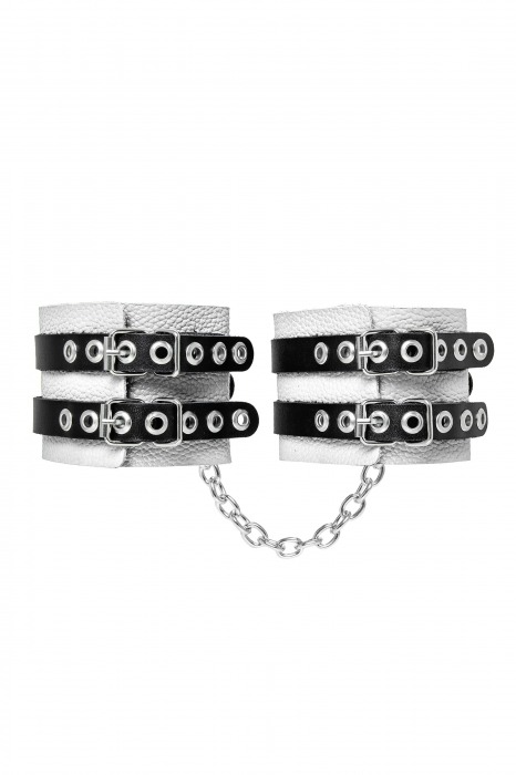 Бело-черные оковы с двумя ремешками и люверсами - Pecado - купить с доставкой в Оренбурге