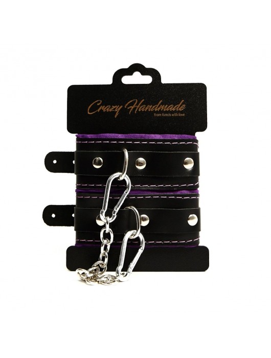 Черно-фиолетовые скругленные наручники с мягкой подкладкой - Crazy Handmade - купить с доставкой в Оренбурге