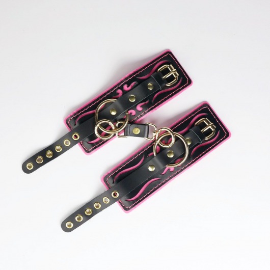 Черные кожаные наручники с розовой строчкой - Crazy Handmade - купить с доставкой в Оренбурге