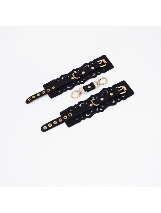 Черные кожаные наручники с узорами и золотистой фурнитурой - Crazy Handmade - купить с доставкой в Оренбурге
