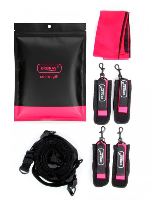 Черно-розовый эротический набор: фиксатор, оковы, наручники, повязка - Erokay - купить с доставкой в Оренбурге