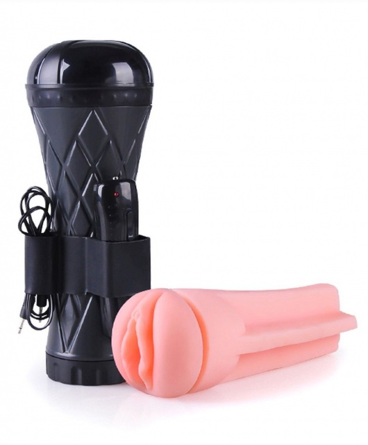 Телесный мастурбатор-вагина в черной колбе с вибрацией - Boys of Toys - в Оренбурге купить с доставкой