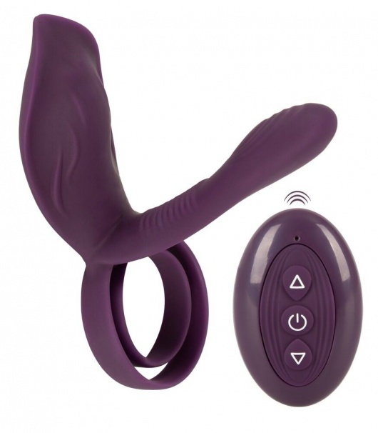 Фиолетовая насадка на член с клиторальным отростком и пультом ДУ RC Couple’s Vibrator 2 - Orion - в Оренбурге купить с доставкой