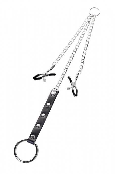 Серебристо-чёрные зажимы для сосков с кольцом для пениса TOYFA Metal - ToyFa - купить с доставкой в Оренбурге