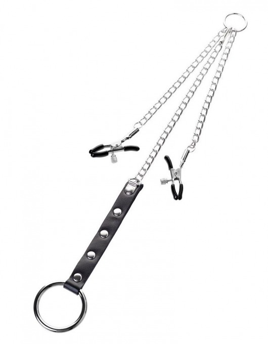 Серебристо-чёрные зажимы для сосков с кольцом для пениса TOYFA Metal - ToyFa - купить с доставкой в Оренбурге